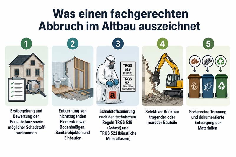 Infografik: Was einen fachgerechten Abbruch im Altbau auszeichnet - Erstbegehung und Bewertung der Bausubstanz sowie möglicher Schad...